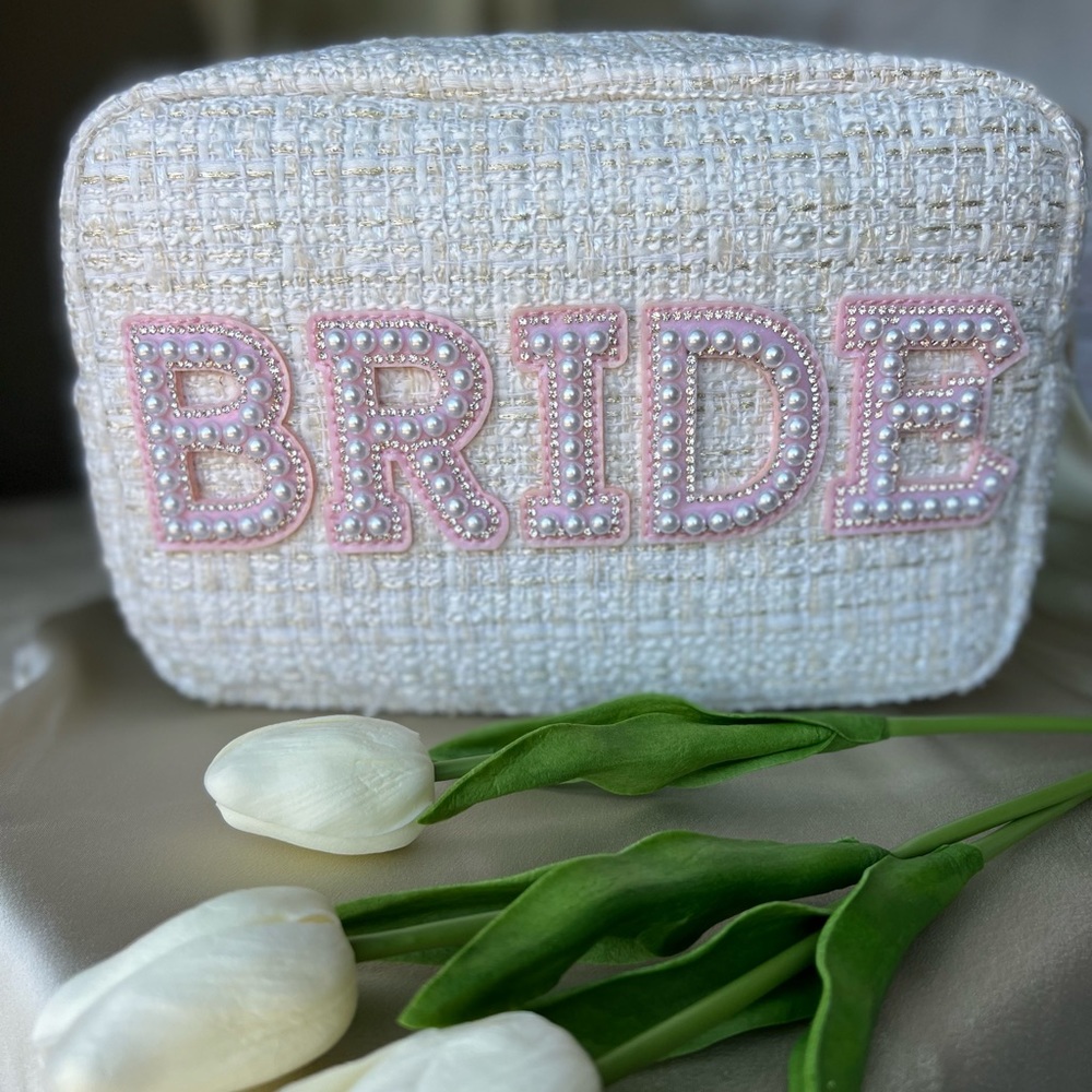 Large Tweed Bride Cosmetic Bag w/ Pearl & Rhinestone Personalized Letter Patches